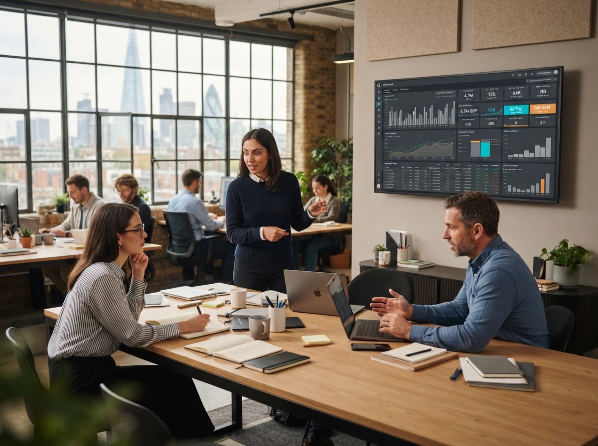 Aurelia team reviewing data-driven financial analysis on screen